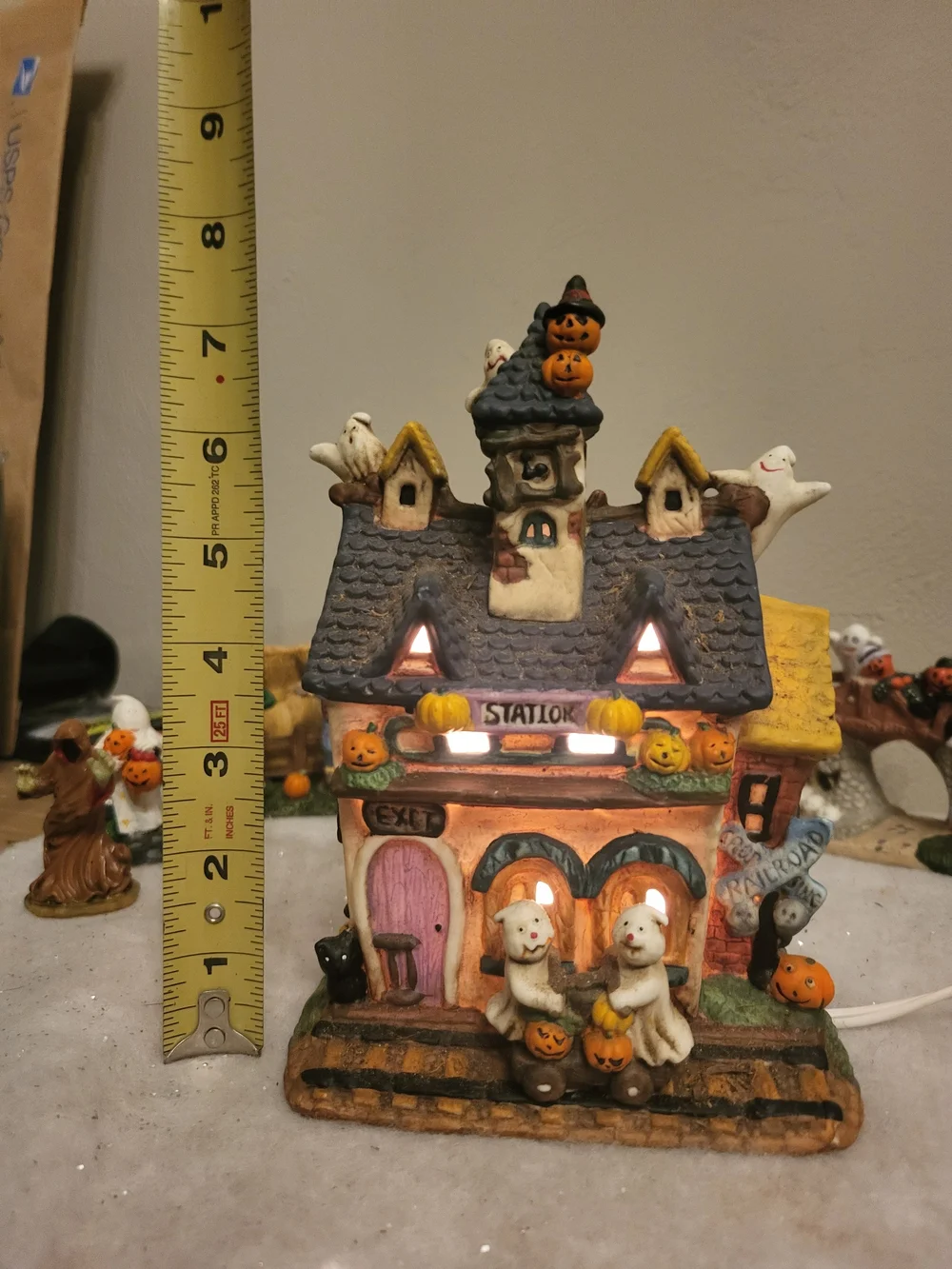 Vintage 1996 Spooky Hollow Lighted Porcelain Train Station Halloween Village